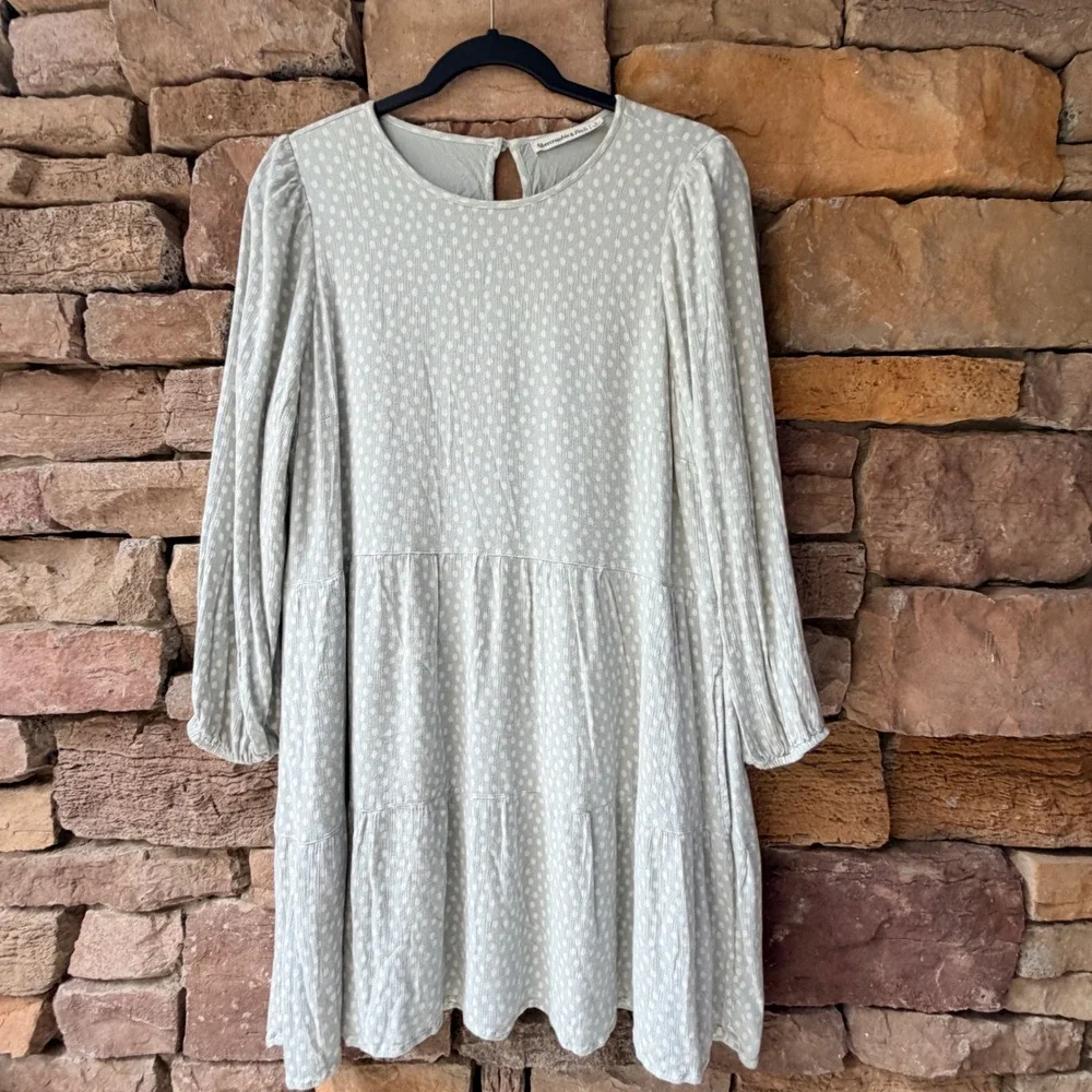 Abercrombie & Fitch Womens Large Dress Green Polka Dot Long Sleeve Tiered Mini